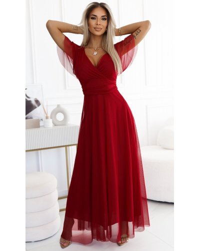 Rochie lunga, din tulle, burgundy, petrecuta, cu maneca scurta, vaporoasa, NastiaN Rochii lungi, Rochie lunga, din tulle, burgundy, petrecuta, cu maneca scurta, vaporoasa, NastiaN - jojofashion.ro