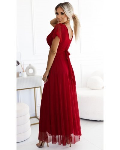 Rochie lunga, din tulle, burgundy, petrecuta, cu maneca scurta, vaporoasa, NastiaN Rochii lungi, Rochie lunga, din tulle, burgundy, petrecuta, cu maneca scurta, vaporoasa, NastiaN - jojofashion.ro