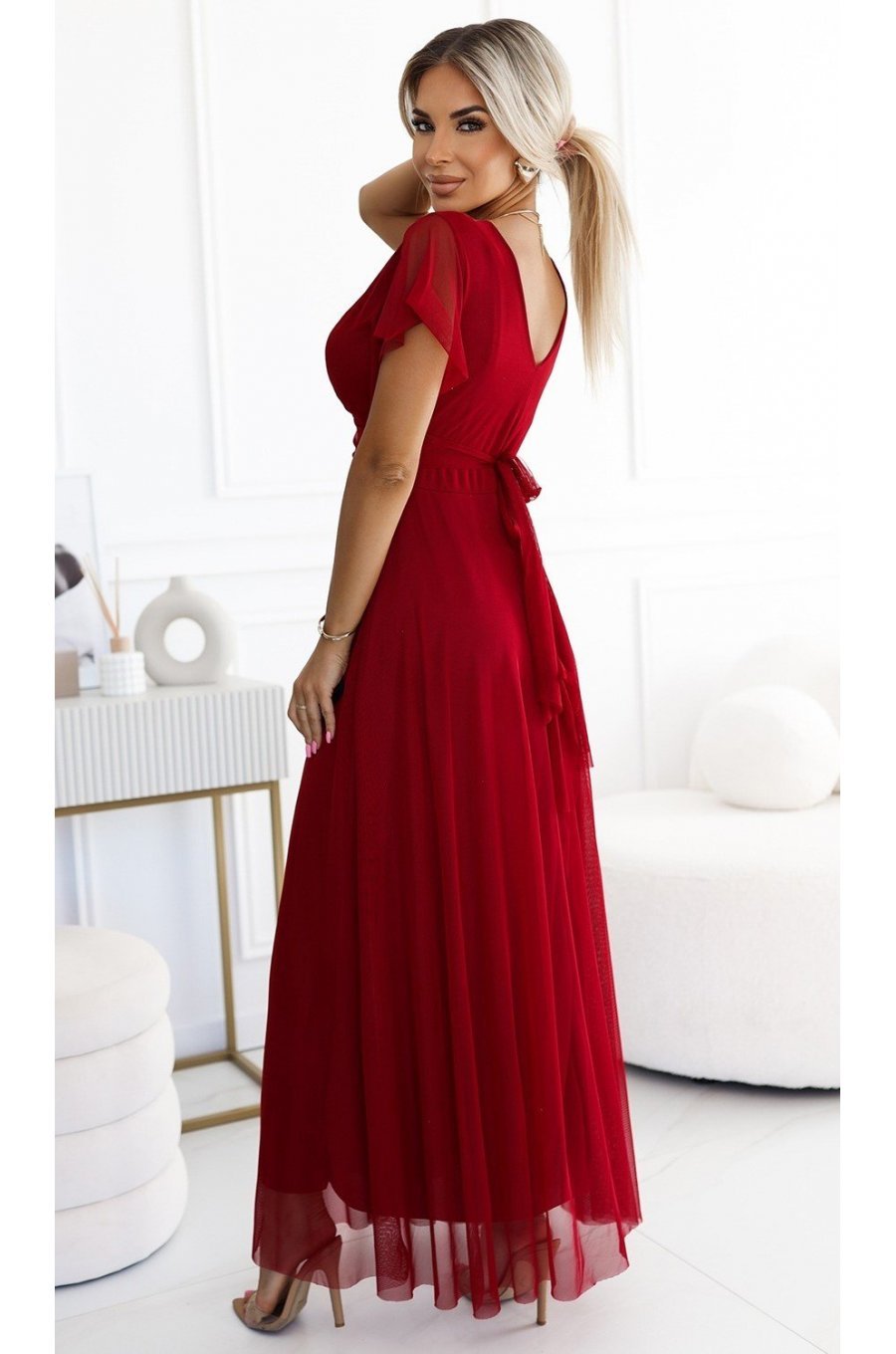 Rochie lunga, din tulle, burgundy, petrecuta, cu maneca scurta, vaporoasa, NastiaN 2 - jojofashion.ro