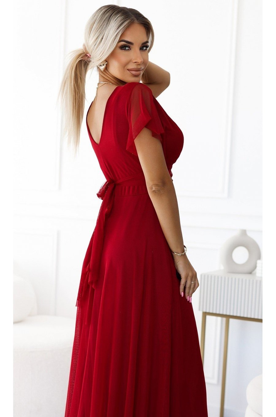 Rochie lunga, din tulle, burgundy, petrecuta, cu maneca scurta, vaporoasa, NastiaN 5 - jojofashion.ro