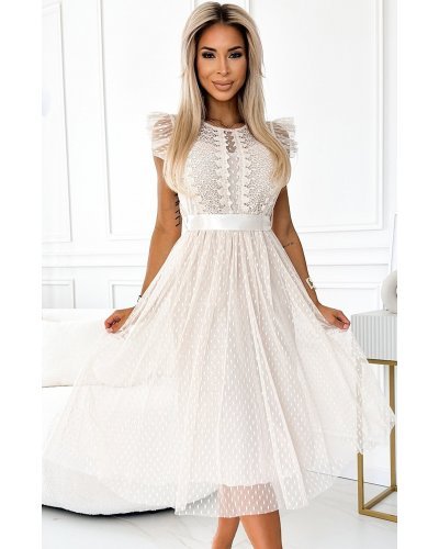 Rochie midi bej, din tulle cu bulinute, Giuseppina Rochii cununie civila, Rochie midi bej, din tulle cu bulinute, Giuseppina - jojofashion.ro