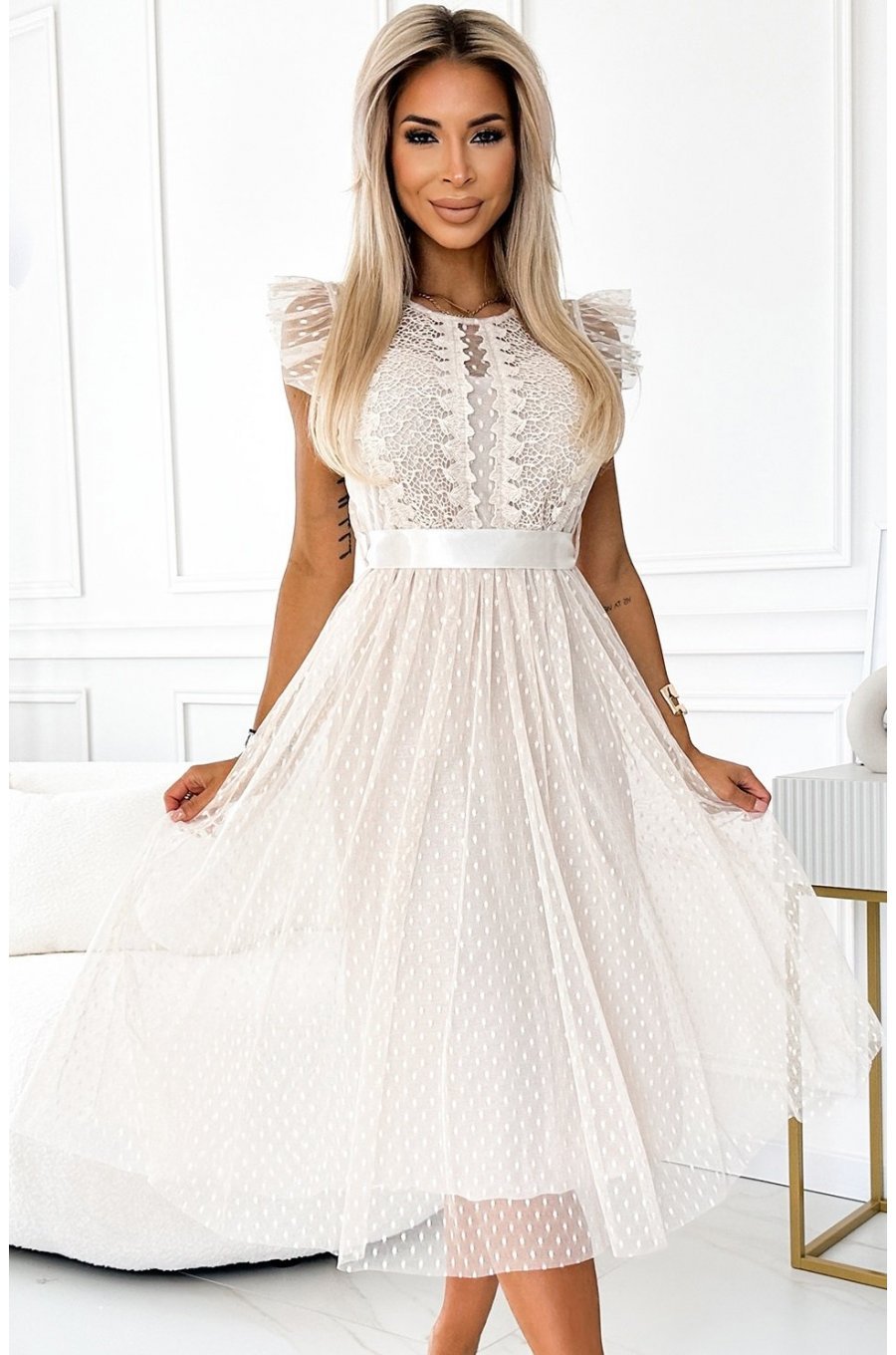 Rochie midi bej, din tulle cu bulinute, Giuseppina 1 - jojofashion.ro