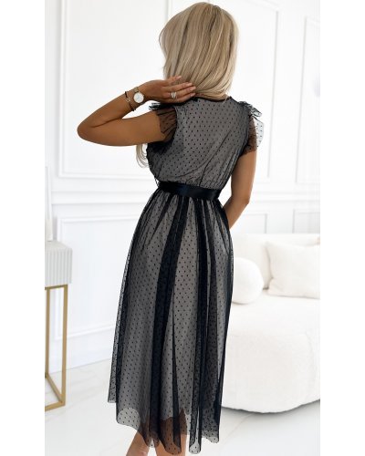 Rochie midi neagra, din tulle cu bulinute, Giuseppina Rochii de zi, Rochie midi neagra, din tulle cu bulinute, Giuseppina - jojofashion.ro