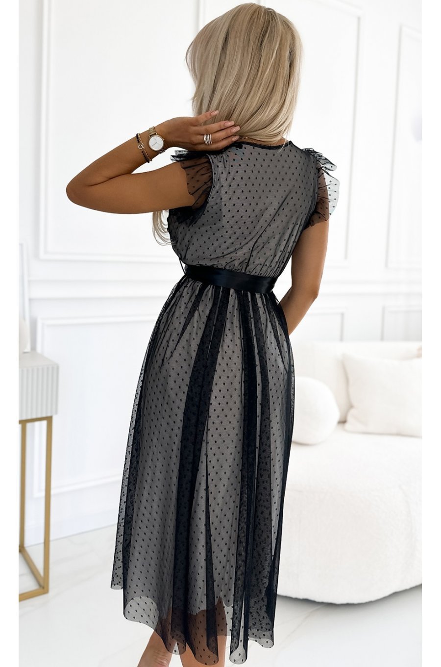 Rochie midi neagra, din tulle cu bulinute, Giuseppina 2 - jojofashion.ro