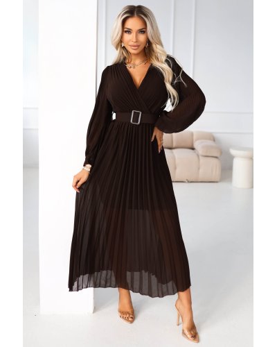 Rochii de zi, Rochie plisata lunga, din chiffon maro ciocolata, cu maneca lunga, vaporoasa, Vaneira - jojofashion.ro