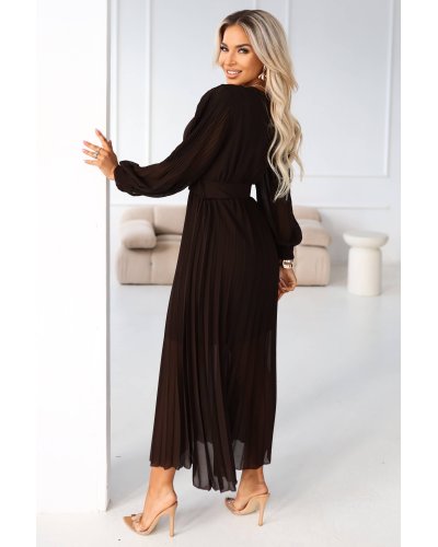 Rochii de zi, Rochie plisata lunga, din chiffon maro ciocolata, cu maneca lunga, vaporoasa, Vaneira - jojofashion.ro