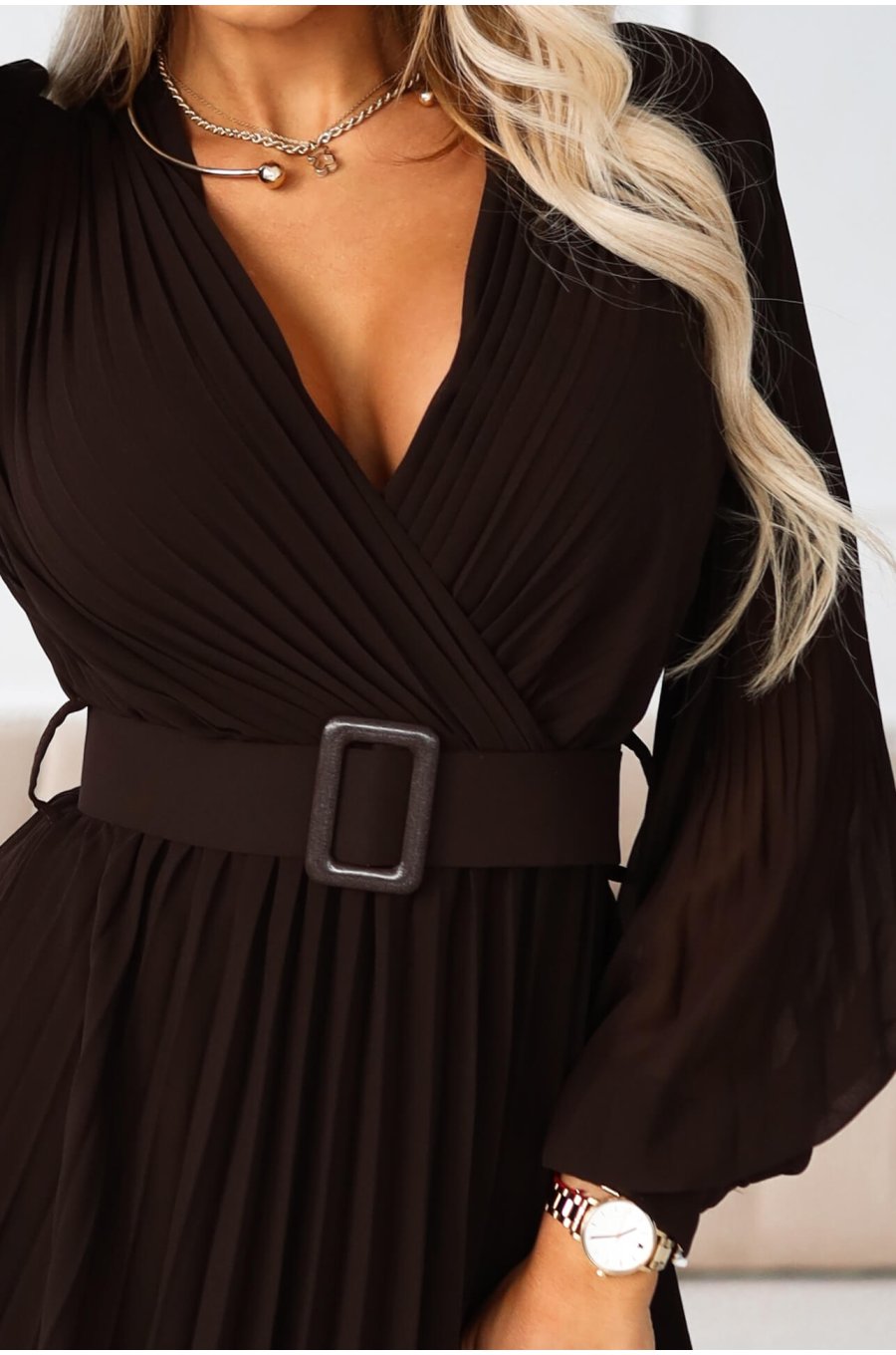 Rochie plisata lunga, din chiffon maro ciocolata, cu maneca lunga, vaporoasa, Vaneira 3 - jojofashion.ro