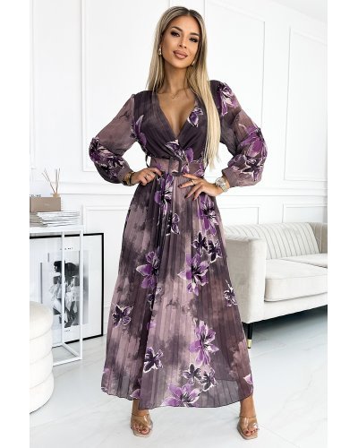 Rochie plisata lunga, din chiffon mov, cu flori si maneca lunga, Vicca Rochii lungi, Rochie plisata lunga, din chiffon mov, cu flori si maneca lunga, Vicca - jojofashion.ro