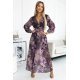 Rochie plisata lunga, din chiffon mov, cu flori si maneca lunga, Vicca 2 - jojofashion.ro