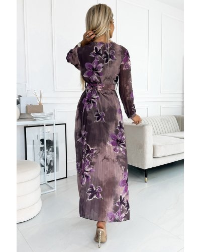 Rochie plisata lunga, din chiffon mov, cu flori si maneca lunga, Vicca Rochii lungi, Rochie plisata lunga, din chiffon mov, cu flori si maneca lunga, Vicca - jojofashion.ro
