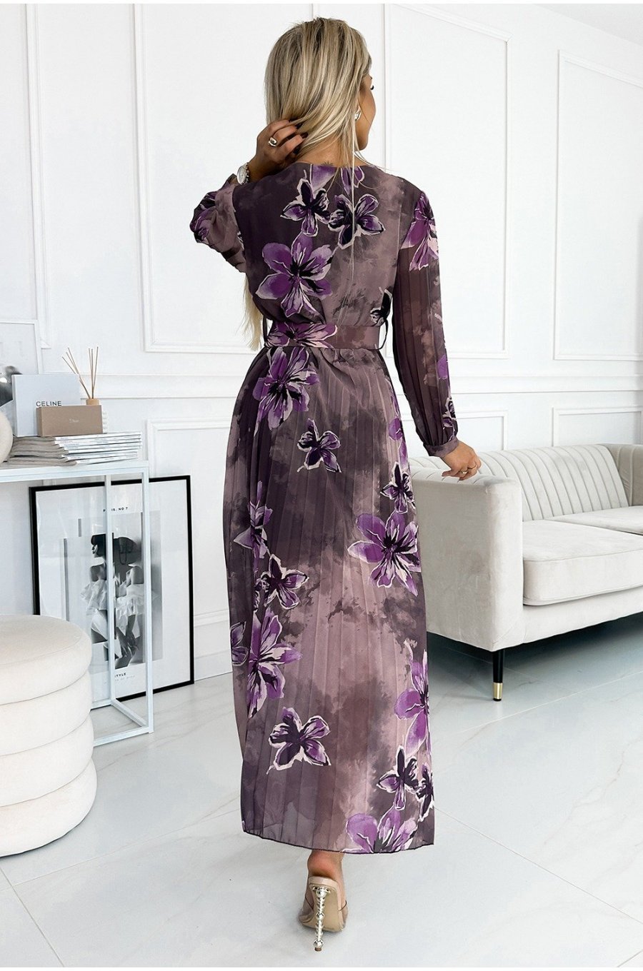Rochie plisata lunga, din chiffon mov, cu flori si maneca lunga, Vicca 2 - jojofashion.ro