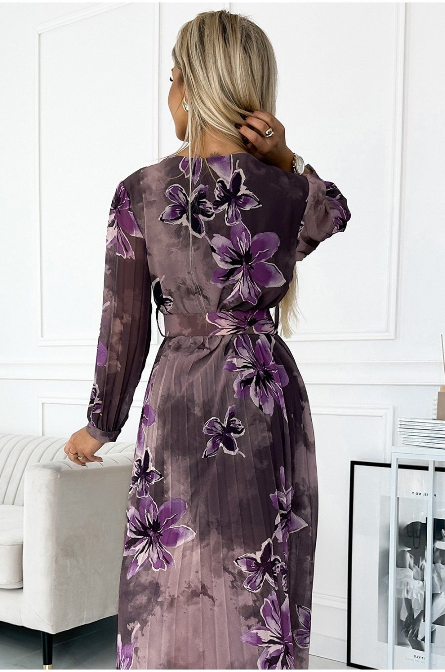 Rochie plisata lunga, din chiffon mov, cu flori si maneca lunga, Vicca 4 - jojofashion.ro