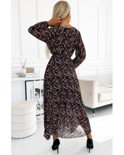 Rochie lunga plisata din voal chiffon animal print zebra cu maneca lunga Colleen Rochii de zi, Rochie lunga plisata din voal chiffon animal print zebra cu maneca lunga Colleen - jojofashion.ro