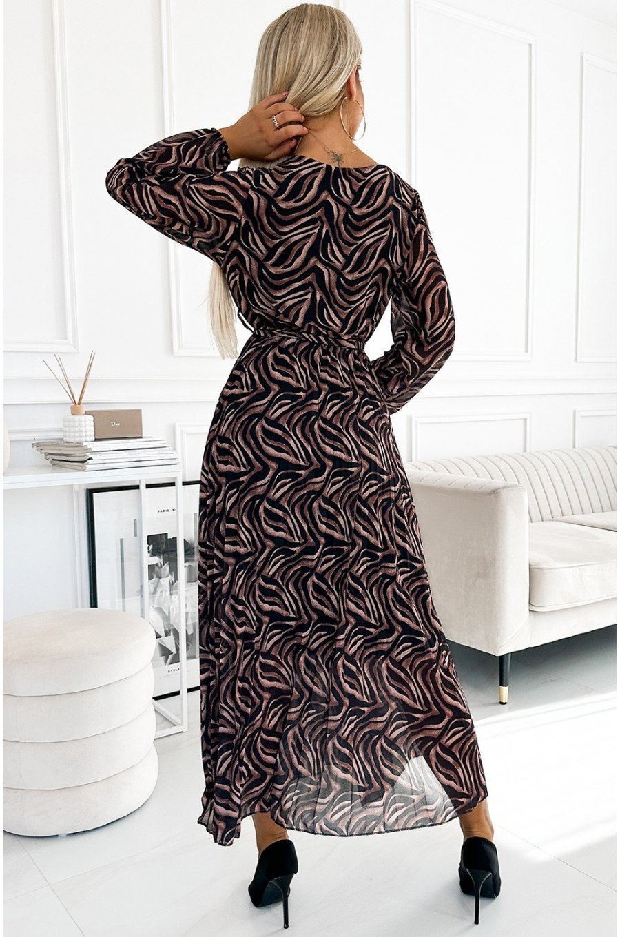 Rochie lunga plisata din voal chiffon animal print zebra cu maneca lunga Colleen 2 - jojofashion.ro