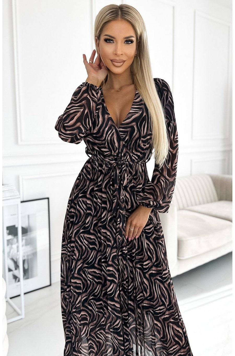 Rochie lunga plisata din voal chiffon animal print zebra cu maneca lunga Colleen 3 - jojofashion.ro