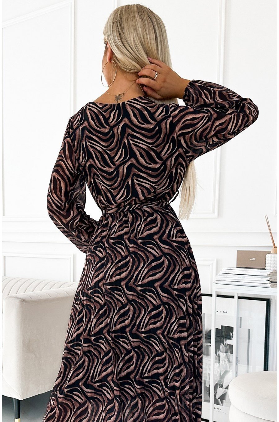 Rochie lunga plisata din voal chiffon animal print zebra cu maneca lunga Colleen 4 - jojofashion.ro