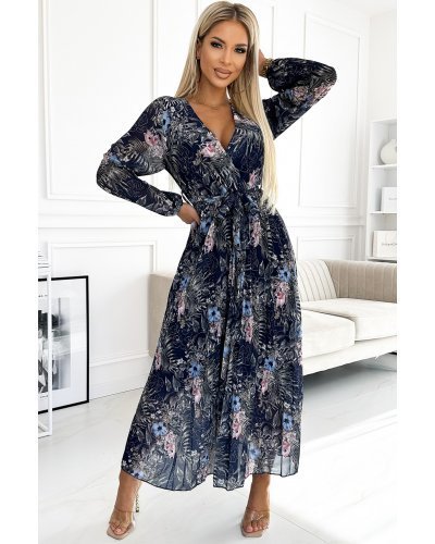 Rochie lunga plisata din voal chiffon bleumarin cu flori bleu cu maneca lunga Colleen Rochii lungi, Rochie lunga plisata din voal chiffon bleumarin cu flori bleu cu maneca lunga Colleen - jojofashion.ro