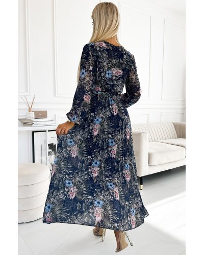 Rochie lunga plisata din voal chiffon bleumarin cu flori bleu cu maneca lunga Colleen Rochii lungi, Rochie lunga plisata din voal chiffon bleumarin cu flori bleu cu maneca lunga Colleen - jojofashion.ro