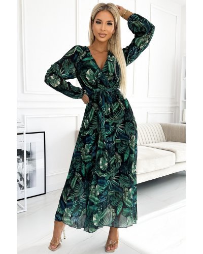 Rochie lunga verde cu frunze plisata din voal chiffon cu maneca lunga Colleen Rochii lungi, Rochie lunga verde cu frunze plisata din voal chiffon cu maneca lunga Colleen - jojofashion.ro