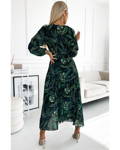 Rochie lunga verde cu frunze plisata din voal chiffon cu maneca lunga Colleen Rochii lungi, Rochie lunga verde cu frunze plisata din voal chiffon cu maneca lunga Colleen - jojofashion.ro