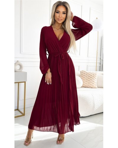 Rochie lunga plisata din voal sifon burgundy cu maneca lunga vaporoasa Nuur Rochii, Rochie lunga plisata din voal sifon burgundy cu maneca lunga vaporoasa Nuur - jojofashion.ro