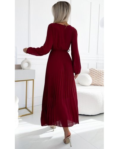 Rochie lunga plisata din voal sifon burgundy cu maneca lunga vaporoasa Nuur Rochii, Rochie lunga plisata din voal sifon burgundy cu maneca lunga vaporoasa Nuur - jojofashion.ro