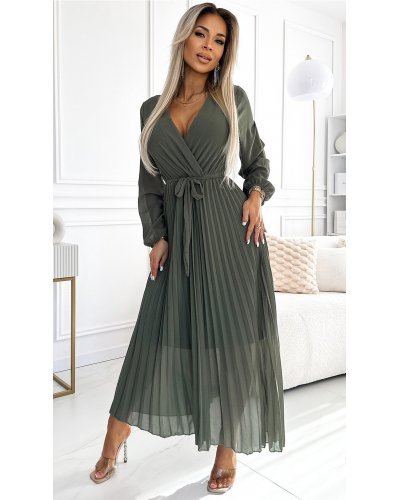 Rochie plisata din voal sifon kaki cu maneca lunga vaporoasa Nuur Rochii lungi, Rochie plisata din voal sifon kaki cu maneca lunga vaporoasa Nuur - jojofashion.ro