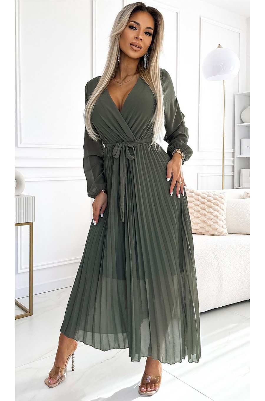 Rochie plisata din voal sifon kaki cu maneca lunga vaporoasa Nuur 1 - jojofashion.ro