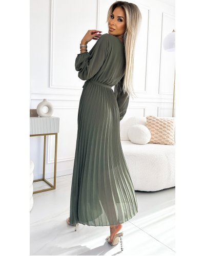Rochie plisata din voal sifon kaki cu maneca lunga vaporoasa Nuur Rochii lungi, Rochie plisata din voal sifon kaki cu maneca lunga vaporoasa Nuur - jojofashion.ro