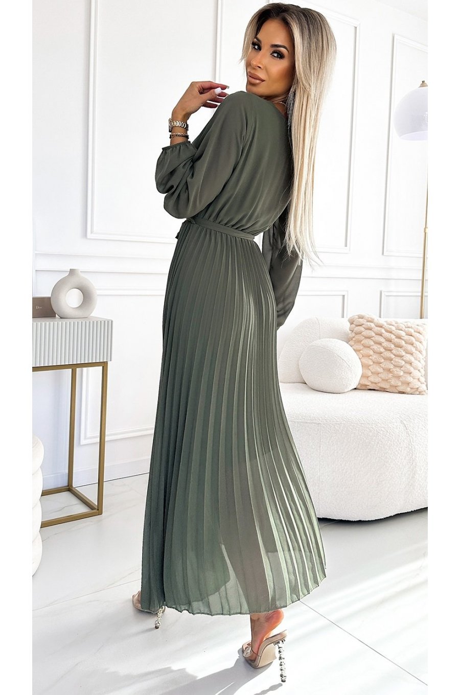 Rochie plisata din voal sifon kaki cu maneca lunga vaporoasa Nuur 2 - jojofashion.ro