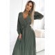 Rochie plisata din voal sifon kaki cu maneca lunga vaporoasa Nuur 4 - jojofashion.ro