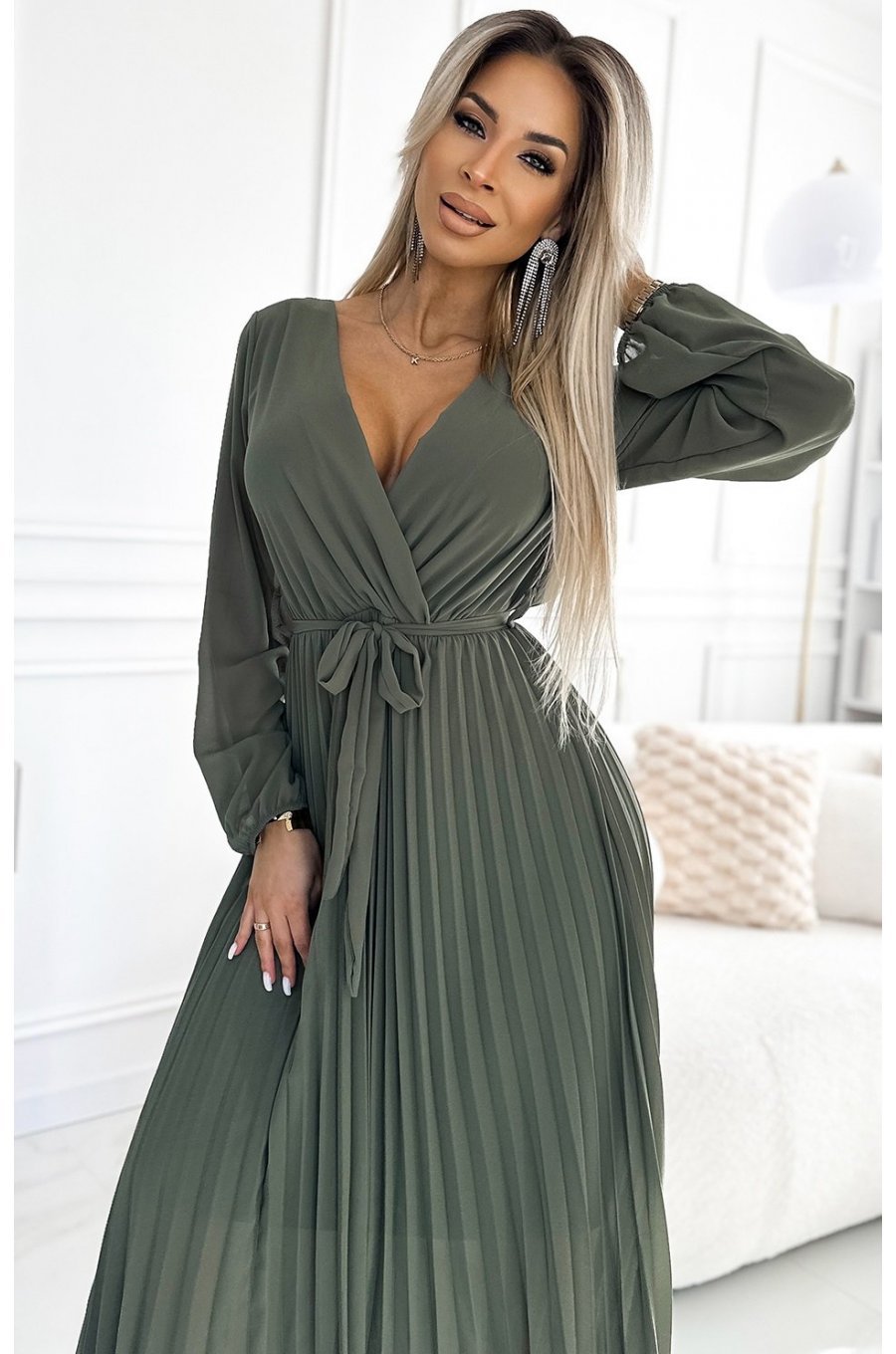 Rochie plisata din voal sifon kaki cu maneca lunga vaporoasa Nuur 3 - jojofashion.ro