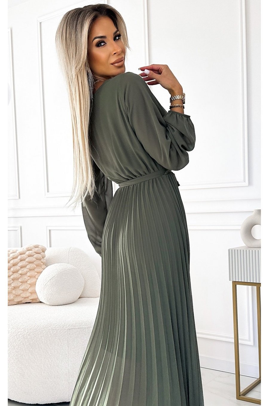 Rochie plisata din voal sifon kaki cu maneca lunga vaporoasa Nuur 4 - jojofashion.ro