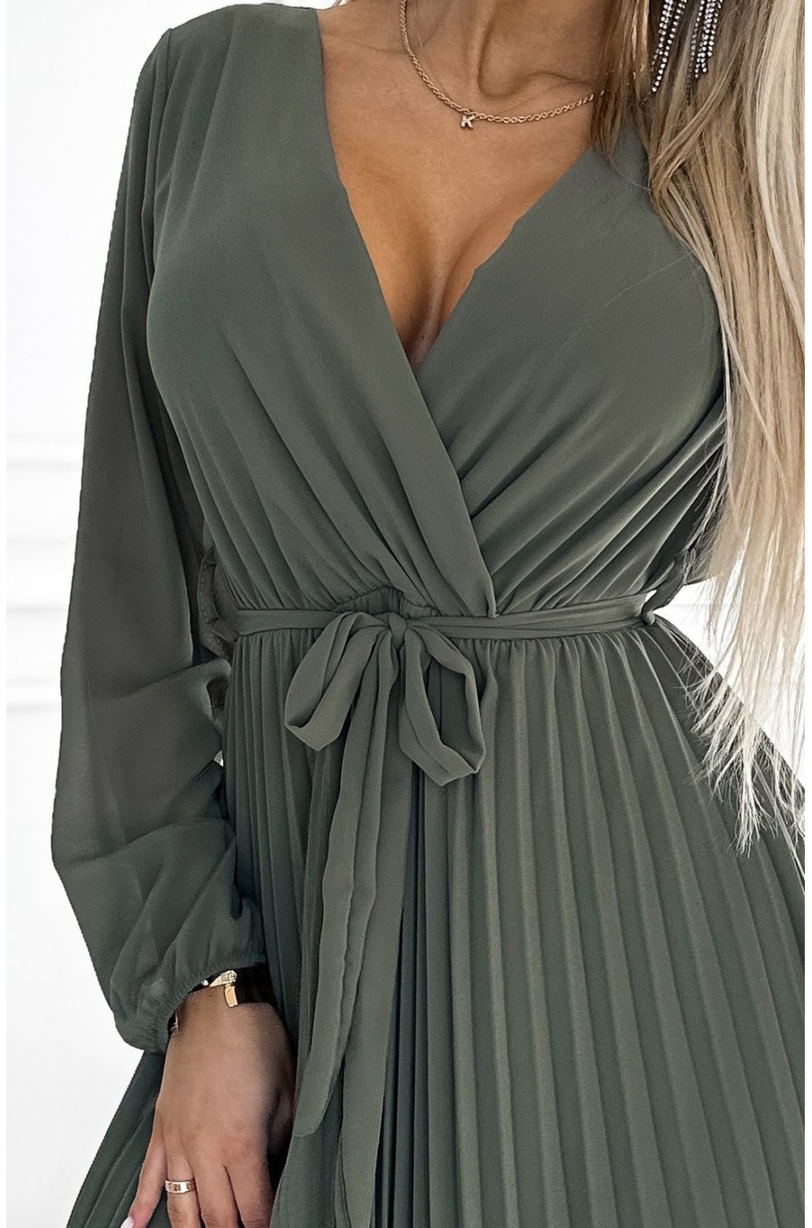 Rochie plisata din voal sifon kaki cu maneca lunga vaporoasa Nuur 5 - jojofashion.ro