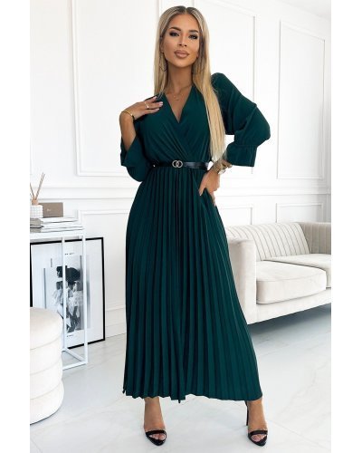 Rochie lunga verde smarald plisata Zumru Rochii de zi, Rochie lunga verde smarald plisata Zumru - jojofashion.ro