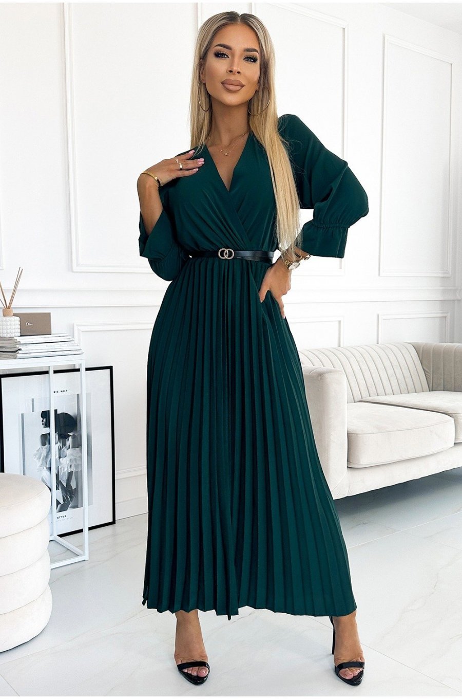 Rochie plisata lunga, verde smarald, cu maneca trei sferturi, petrecuta, Zumru 1 - jojofashion.ro