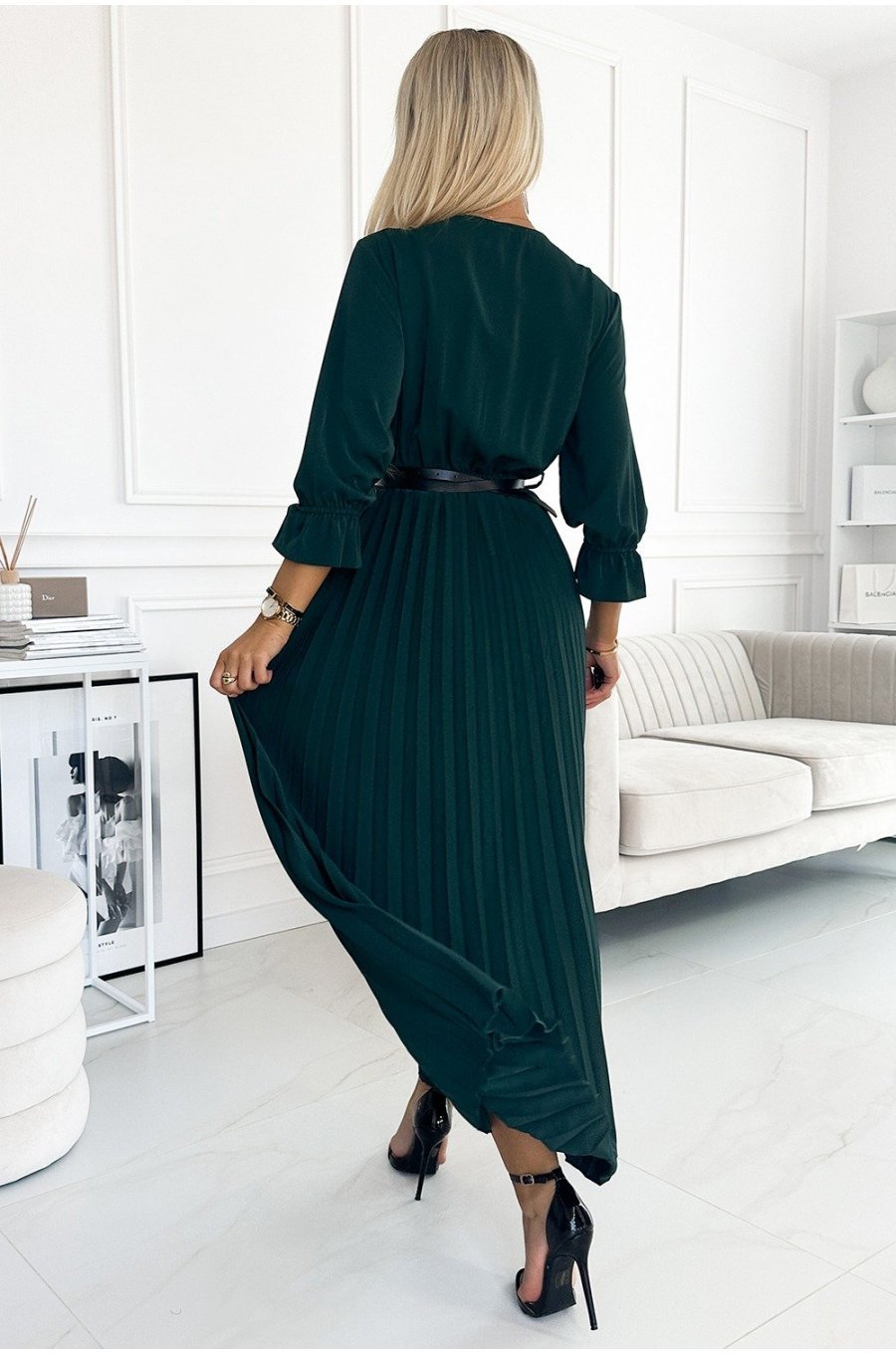 Rochie lunga verde smarald plisata Zumru 2 - jojofashion.ro