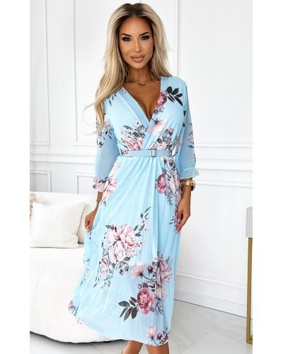 Rochie midi bleu cu flori vaporoasa plisata cu maneca lunga Yuna Rochii de zi, Rochie midi bleu cu flori vaporoasa plisata cu maneca lunga Yuna - jojofashion.ro