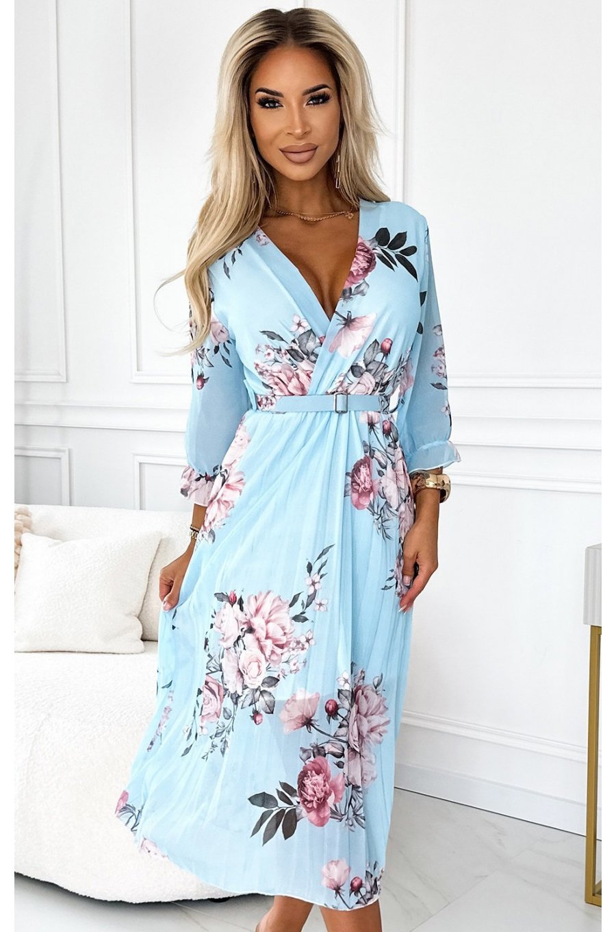 Rochie midi bleu cu flori vaporoasa plisata cu maneca lunga Yuna 1 - jojofashion.ro
