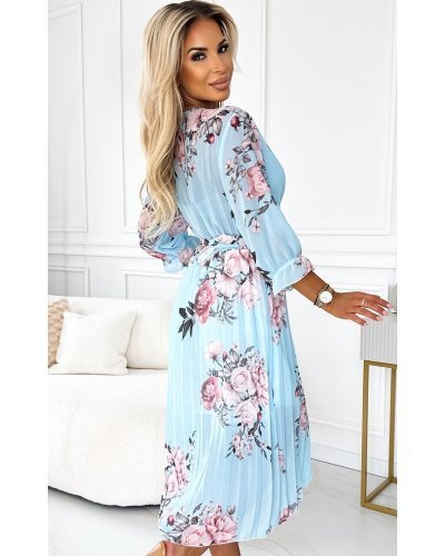 Rochie midi bleu cu flori vaporoasa plisata cu maneca lunga Yuna Rochii de zi, Rochie midi bleu cu flori vaporoasa plisata cu maneca lunga Yuna - jojofashion.ro