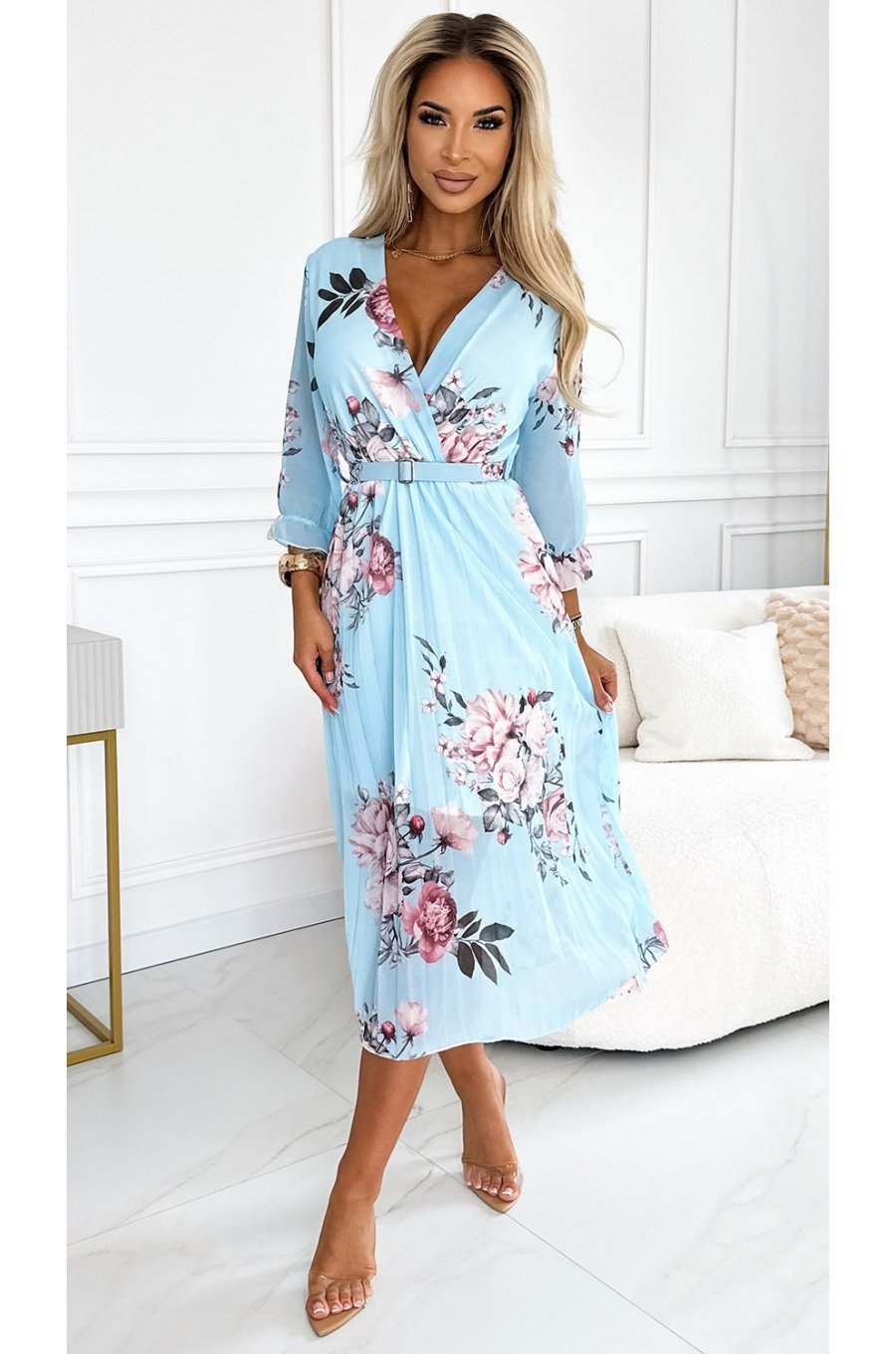 Rochie midi bleu cu flori vaporoasa plisata cu maneca lunga Yuna 3 - jojofashion.ro