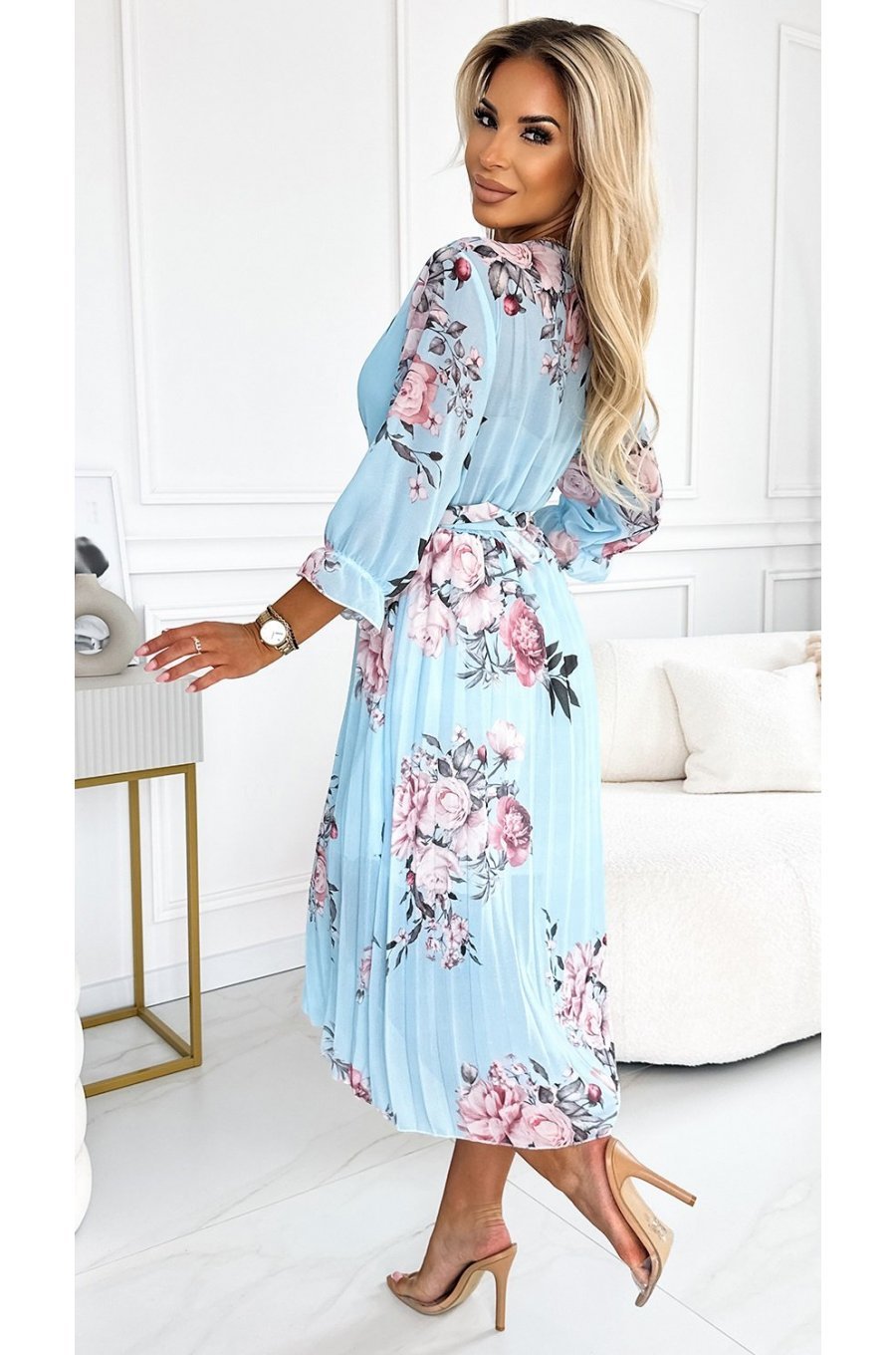 Rochie midi bleu cu flori vaporoasa plisata cu maneca lunga Yuna 4 - jojofashion.ro