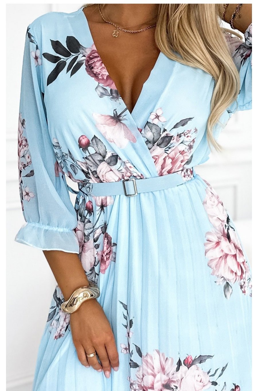 Rochie midi bleu cu flori vaporoasa plisata cu maneca lunga Yuna 5 - jojofashion.ro