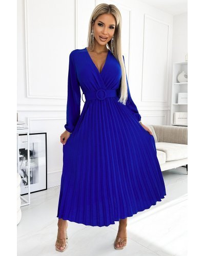 Rochie midi albastra din voal plisata cu maneca lunga Viviana Rochii de zi, Rochie midi albastra din voal plisata cu maneca lunga Viviana - jojofashion.ro