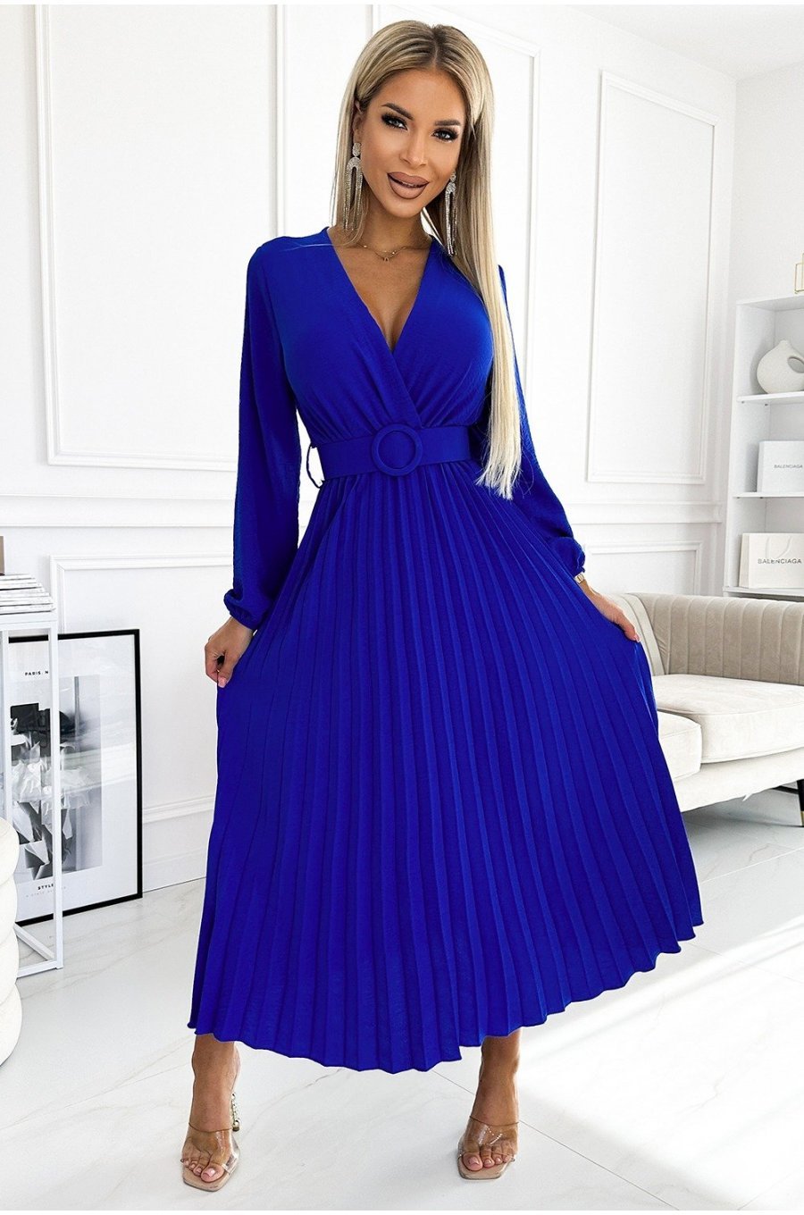 Rochie midi albastra din voal plisata cu maneca lunga Viviana 1 - jojofashion.ro