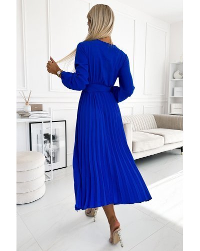 Rochie midi albastra din voal plisata cu maneca lunga Viviana Rochii de zi, Rochie midi albastra din voal plisata cu maneca lunga Viviana - jojofashion.ro