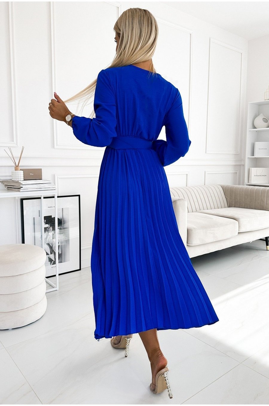 Rochie midi albastra din voal plisata cu maneca lunga Viviana 2 - jojofashion.ro