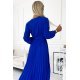 Rochie plisata midi, din voal, albastra, cu maneca lunga, petrecuta, Viviana 5 - jojofashion.ro