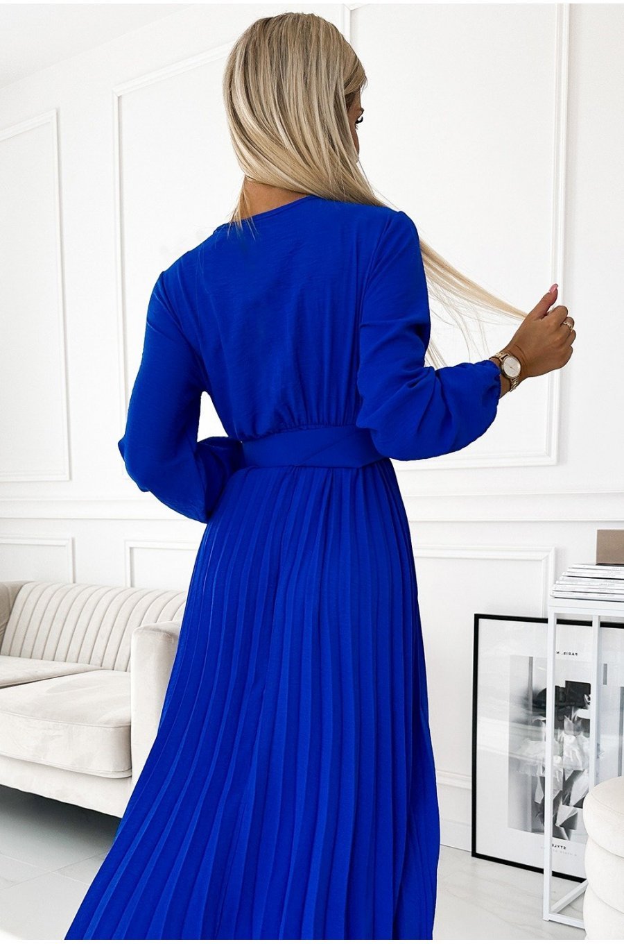 Rochie midi albastra din voal plisata cu maneca lunga Viviana 4 - jojofashion.ro