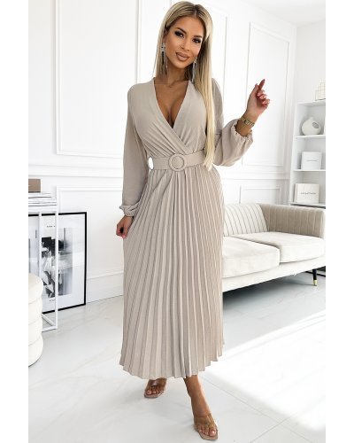 Rochie midi din voal bej plisata cu maneca lunga Viviana Rochii de zi, Rochie midi din voal bej plisata cu maneca lunga Viviana - jojofashion.ro